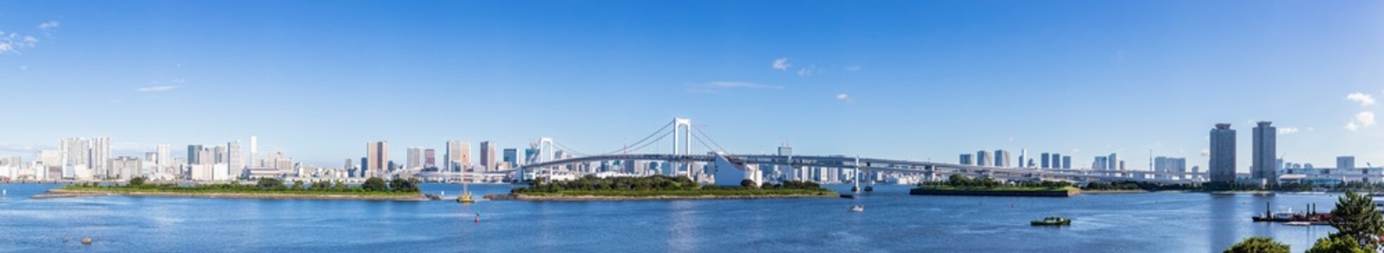 Fototapeta Japan, Kanto Region, Tokyo, Panorama of Tokyo Bay with Rainbow bridge in background