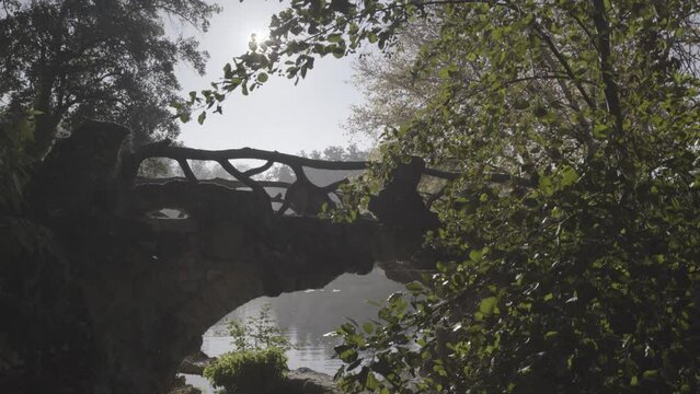 Bridge constructed of Tree branches at Majolan Park lake in Blanquefort France with sun shining above, Locked shot