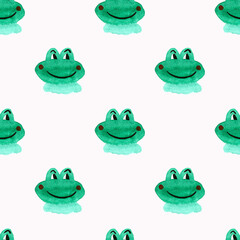 Seamless watercolor pattern cute smiling green frog. © Electrovenik