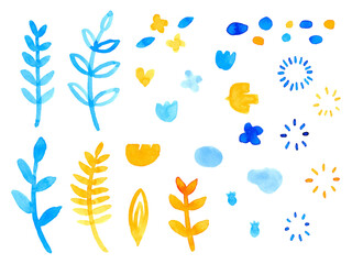 水色とオレンジの植物水彩素材セット