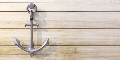 Navy anchor on wooden board, front view, copy space. 3d render © Rawf8