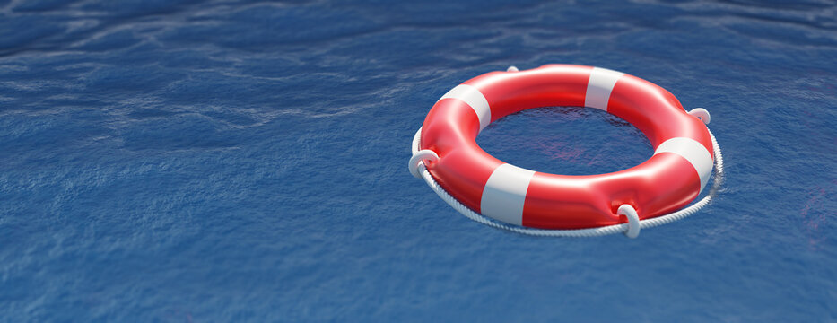 Life preserver on ocean water surface. Lifebuoy float ring, rescue life. Overhead view. 3d render