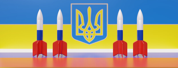 Russia nuclear weapon. Russia vs Ukraine war. Russian rocket on Ukrainian flag background, 3d render