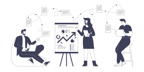 Woman speaks at business conference to colleagues. Employees listen and discuss report, analyze presentation, improve professional skills. Vector graphic illustration isolated with character design