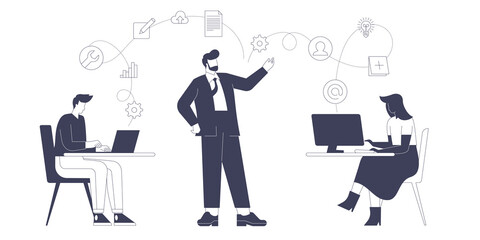 Boss gives instructions to employees in office. Manager distributes tasks and briefs team. Man and woman work at workplaces and cooperation. Vector graphic illustration isolated with character design