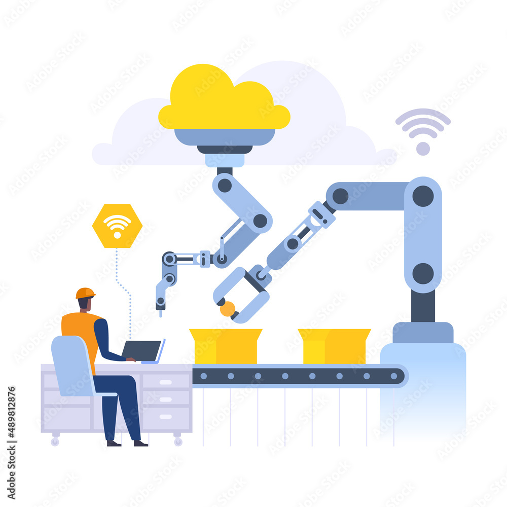 Poster modern production line with robot technology. man controls manipulator collecting and packing boxes 