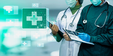 Medicine doctor using digital healthcare and network connection on hologram modern virtual screen...