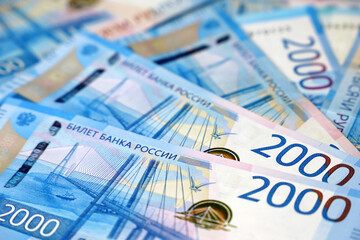 Russian rubles, selective focus. Concept of economy of Russia, exchange rate