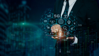 Businessman working on network and digital finance marketing chart with future technology innovation and digital transformation concept.