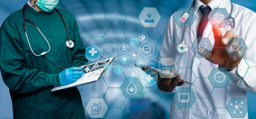 Medicine doctor using digital healthcare and network connection on hologram modern virtual screen...