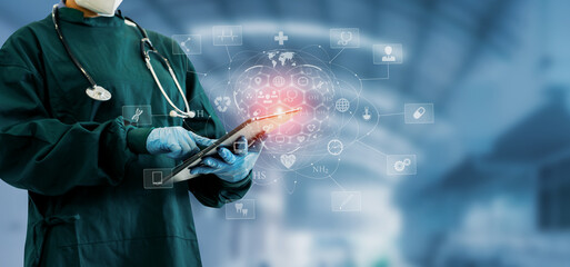 Medicine doctor using digital healthcare and network connection on hologram modern virtual screen interface icons, Medical technology futuristic concept.