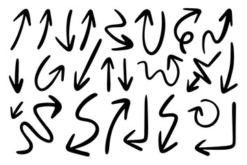 Hand drawn curve arrow icon set isolated on black background. doodle vector illustration.