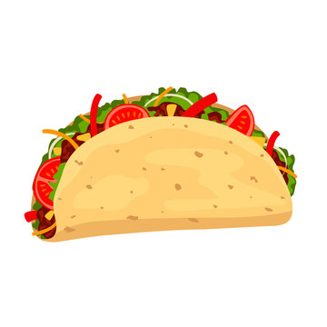 Tacos with meat and vegetables. Traditional Mexican food. The isolated image on a white background. Vector illustration.