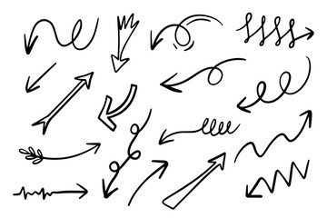 Hand drawn curve arrow icon set isolated on black background. doodle vector illustration.