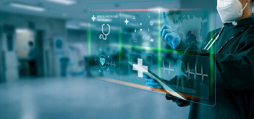 Medicine doctor using digital healthcare and network connection on hologram modern virtual screen...
