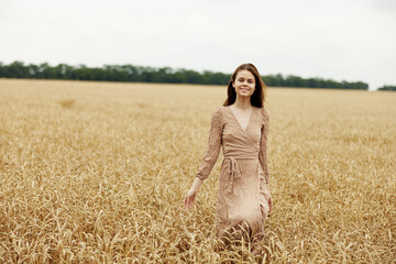 Naklejka premium touching golden wheat field the farmer concerned the ripening of wheat ears in early summer harvest