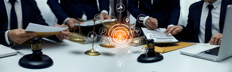 Concepts of Law and Legal services. Lawyer working with law interface icons. Blurred background.	