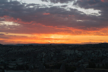 Amazing orange sunrise in Cappadocia, Turkey with soft selective focus. Beauty of nature concept
