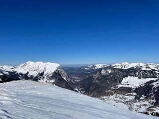 Fototapeta na wymiar Panoramic view of Au in Bregenzerwald seen from Toblermannskopf. Vorarlberg, Austria.
