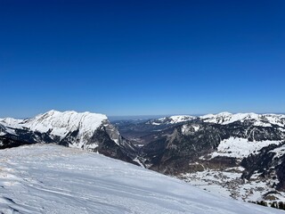 Obraz premium Panoramic view of Au in Bregenzerwald seen from Toblermannskopf. Vorarlberg, Austria.