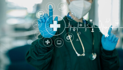 Medicine doctor using digital healthcare and network connection on hologram modern virtual screen...