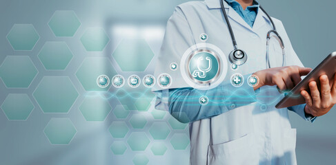 Medicine doctor using digital healthcare and network connection on hologram modern virtual screen...