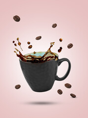 Coffee cup, roasted beans and splash