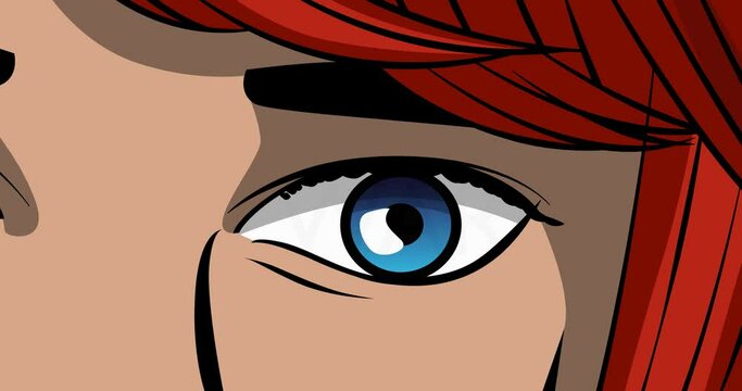 War text in female eye. Close-up cartoon animation. Comic Book style 4k stock video.