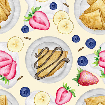 Pancake beautiful served breakfast watercolor seamless pattern. Texture for food background, wrapping paper for bakerry, birthday, party.