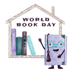 World book day hand drawn watercolor postcard temlate desing. Child library illustration