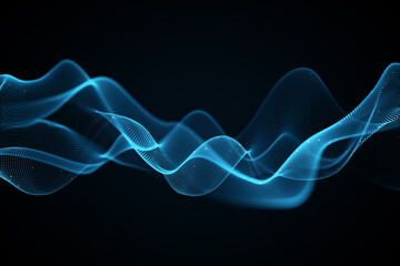 Creative glowing blue wave hologram on dark background. Technology and metaverse concept. 3D Rendering.