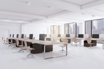 Fototapeta na wymiar Bright concrete and wooden coworking office interior with equipment, furniture and computer monitors. Design and workplace concept. 3D Rendering.