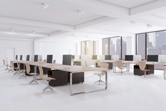 Bright concrete and wooden coworking office interior with equipment, furniture and computer monitors. Design and workplace concept. 3D Rendering.