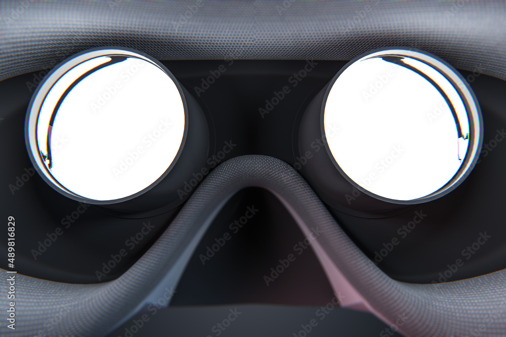 Aufkleber Close up of rear inside view abstract VR glasses on blurry gray backdrop. White mock up place. Device and augmented reality concept. 3D Rendering.