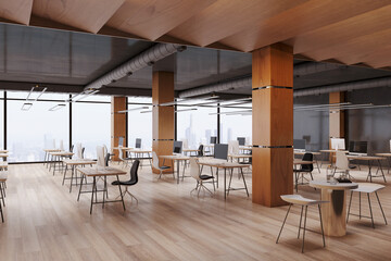 Minimal concrete and wooden coworking office interior with equipment, furniture and computer monitors. Design and workplace concept. 3D Rendering.