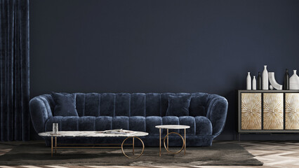 blue interior room with sofa and golden table 3d render © Wisnu haricoyo