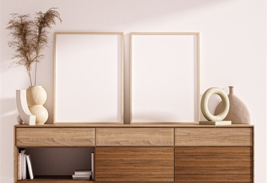 Frame and poster mockup in Boho style interior. 3d rendering, 3d illustration
