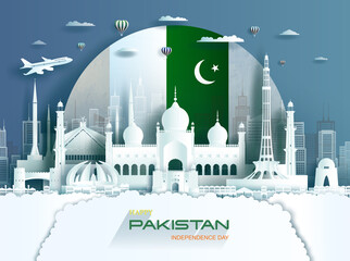 Travel landmarks Pakistan islamabad city with celebration Pakistan independence day. - obrazy, fototapety, plakaty