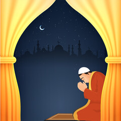 Islamic Man Offering Namaz (Prayer) At Mat And Glossy Orange Curtains On Blue Nighttime Silhouette Mosque Background For Muslim Community Festival Celebrate.