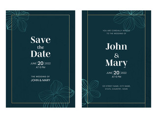 Wedding Invitation Card Template Layout With Linear Flowers In Teal Color.