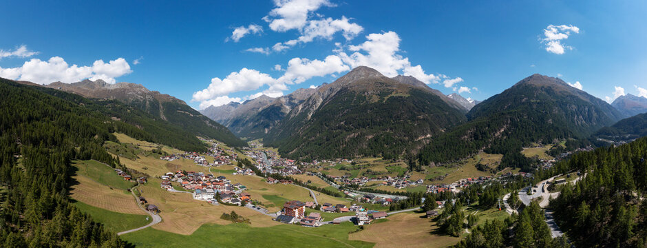 Austria, Tyrol, Solden, Drone view of town in Otztal valley during summer