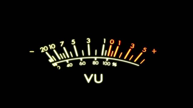 A single VU meter from a stereo player, glowing in the dark, with the needle volume indicator slowly moving. Macro closeup shot.
