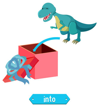 Prepostion wordcard design with dinosaur and box