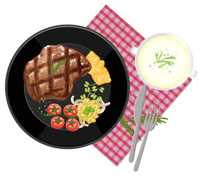 recommend clip art: Top view food set, steak and placemat on white background