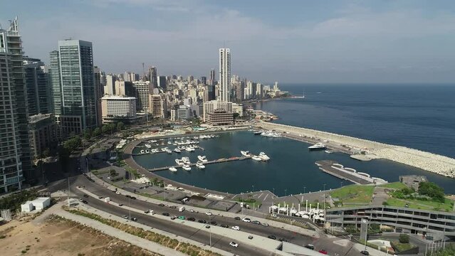 Aerial view of Zaitunay Bay wealthy port in the Beirut Marina of Lebanon. Day time