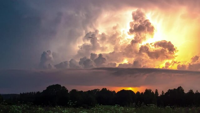 Time lapse shot of extreme Supercell Thunderstorm between clouds blinking in nature