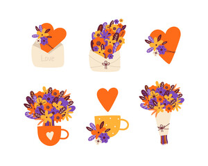 Set of festive elements for Valentines Day, February 14, Womens Day, Mothers Day. Romantic icons, bouquet of flowers, red heart, love letter, cup of tea. Hand drawn illustration in Scandinavian style.