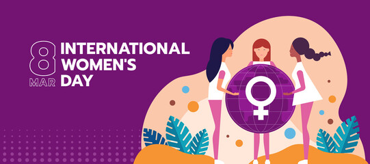 international women's day - a group of women helping to lift circle globe with a female symbol on purple background vector design