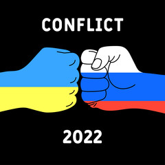 Conflict between Russia and Ukraine. Hitting hands with fists. The hands are painted in the colors of the Russian and Ukrainian flags. Vector image. 
