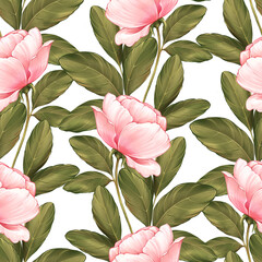 Seamless pattern of pink flowers and green leaves. Floral background.